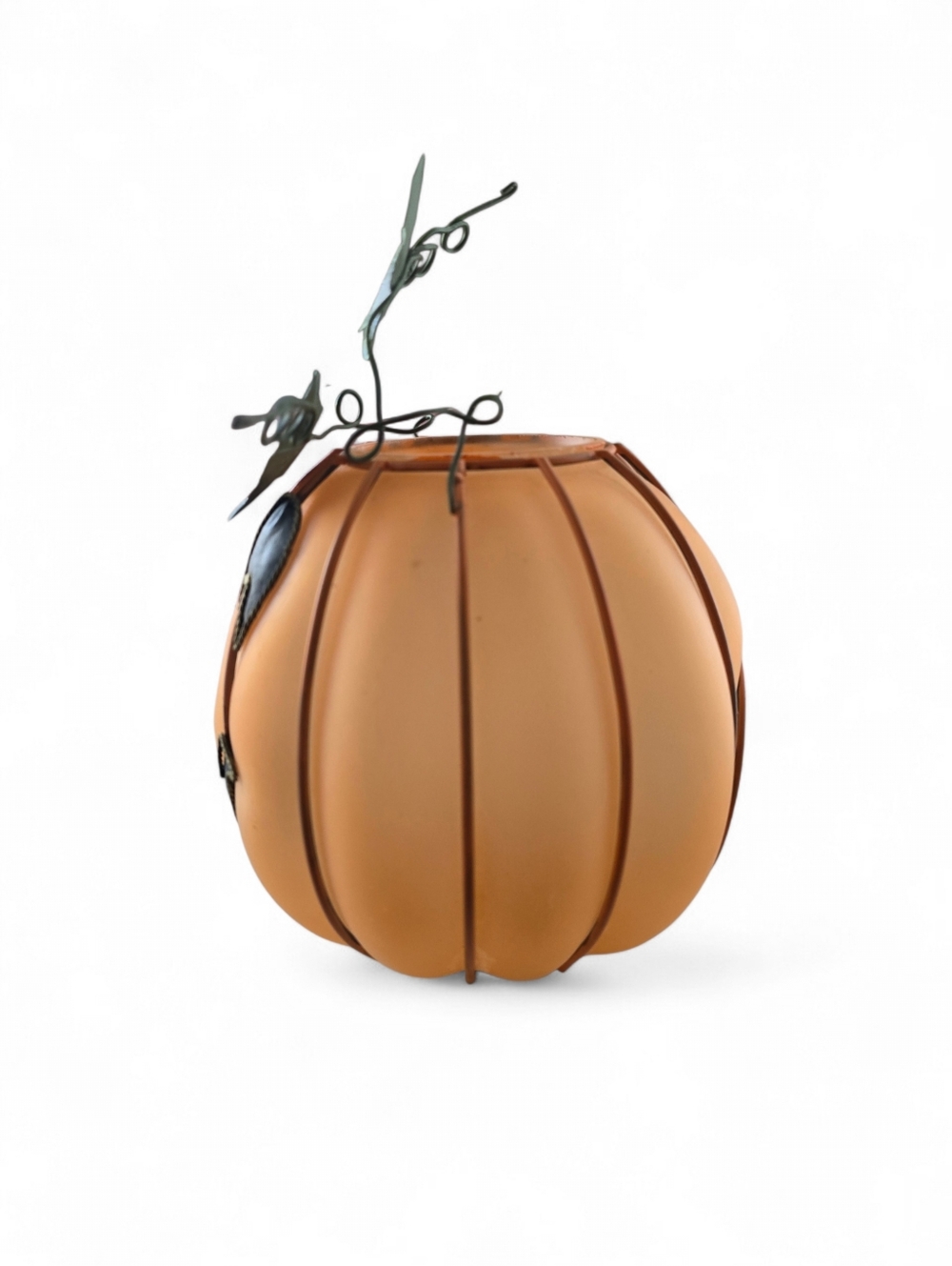 Halloween Pumpkin Candle Holder Frosted Glass Jack O Lantern Metal Vine - Picture 4 of 7